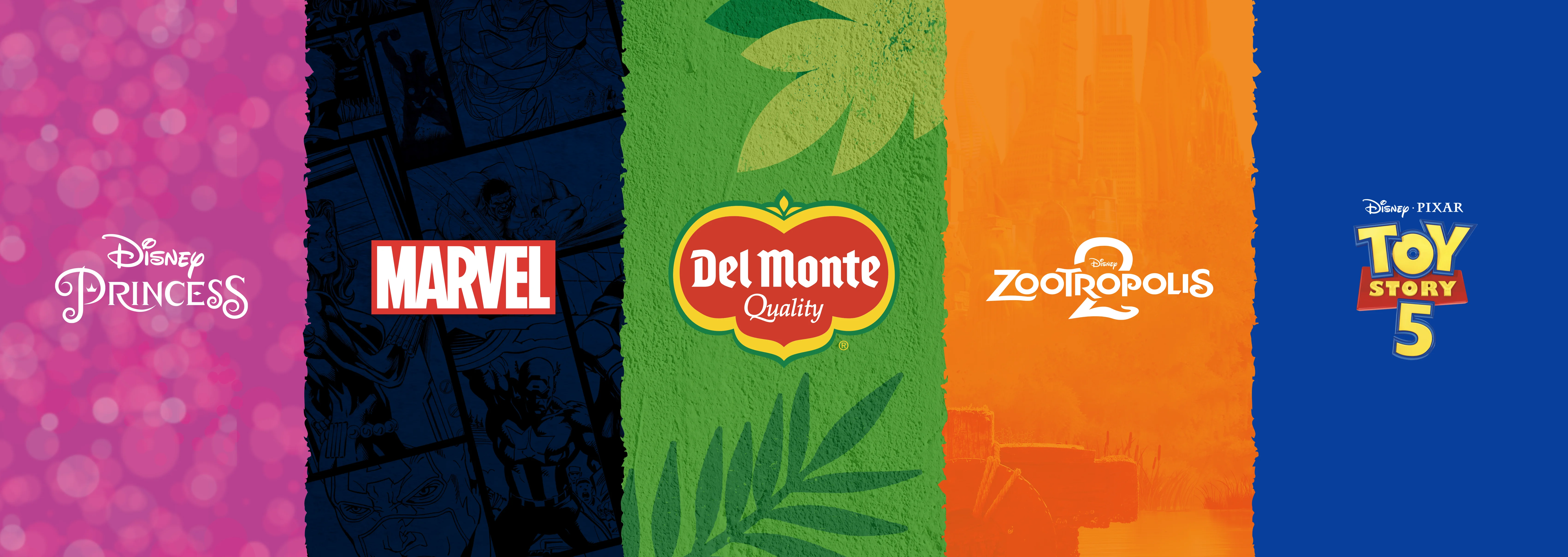 Visual system bringing together Del Monte with Disney Princess, Marvel, Zootopia 2 and Toy Story 5 collaborations.