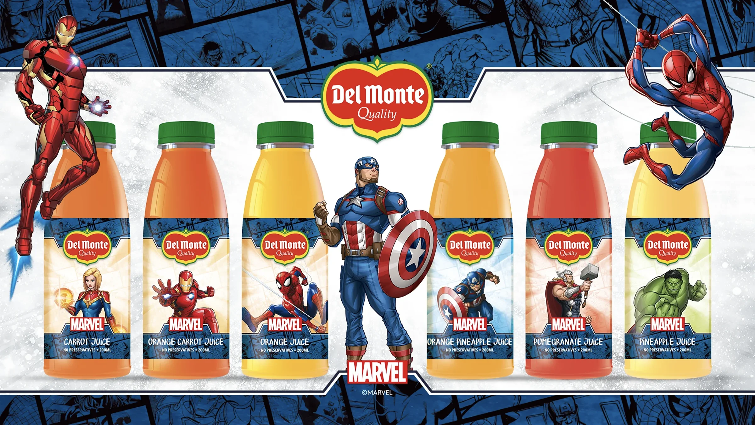 Del Monte juice packaging range featuring contrasting Marvel visual systems.