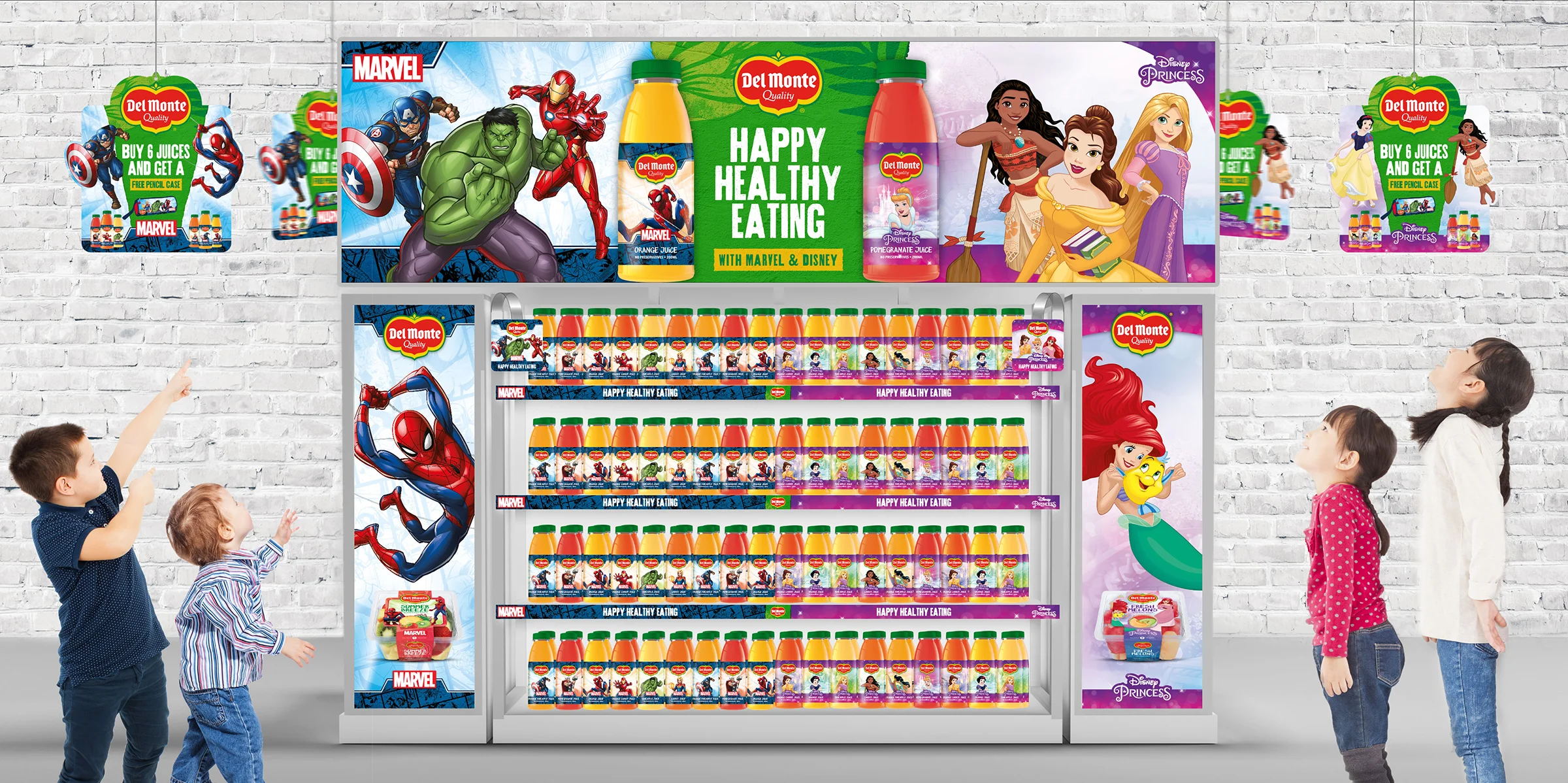 In-store Del Monte display integrating Marvel and Disney Princess packaging, shelf branding and promotional materials.
