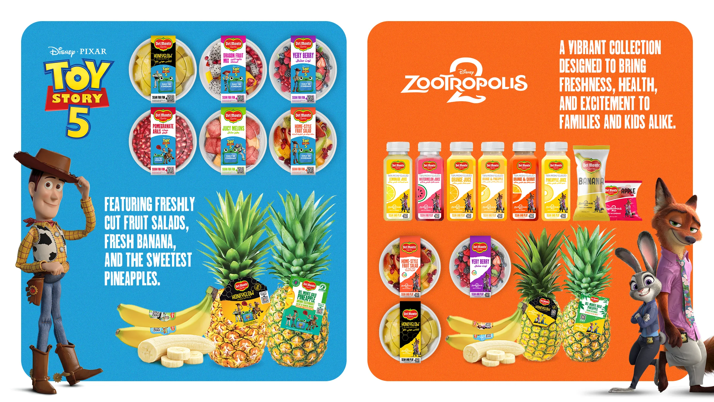 Del Monte Toy Story 5 & Zootropolis 2 collaboration across fresh-cut fruit, bananas and pineapples.