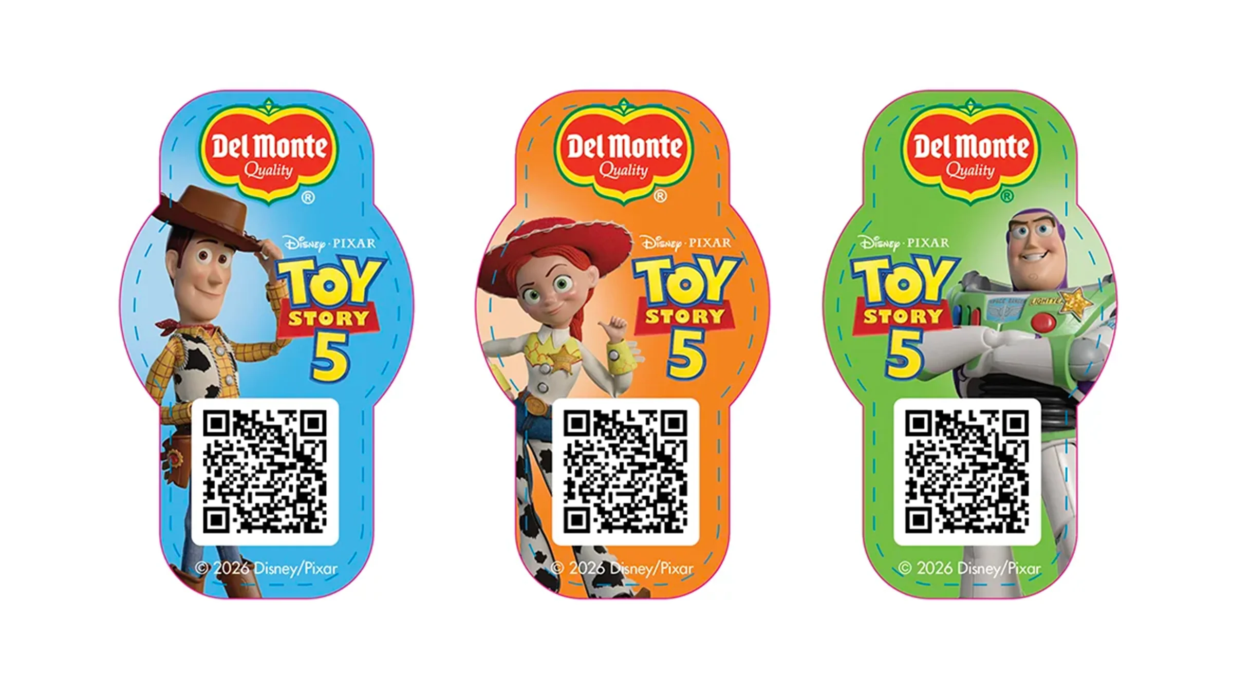 QR-enabled Toy Story 5 Del Monte packaging connecting consumers to a Scan & Play promotion.