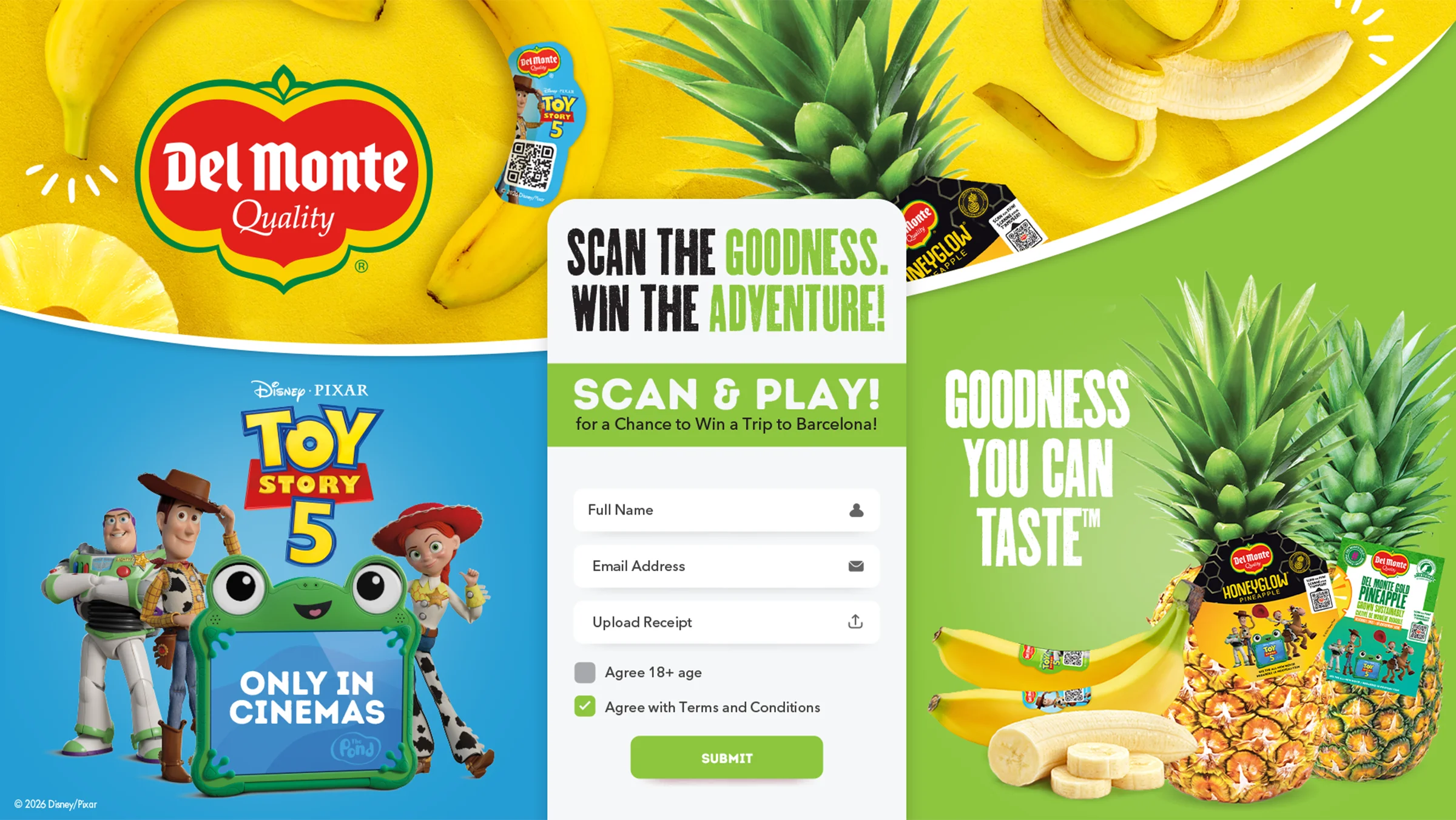 Toy Story 5 promotional campaign for Del Monte featuring a Scan & Play trip-to-Barcelona mechanic.