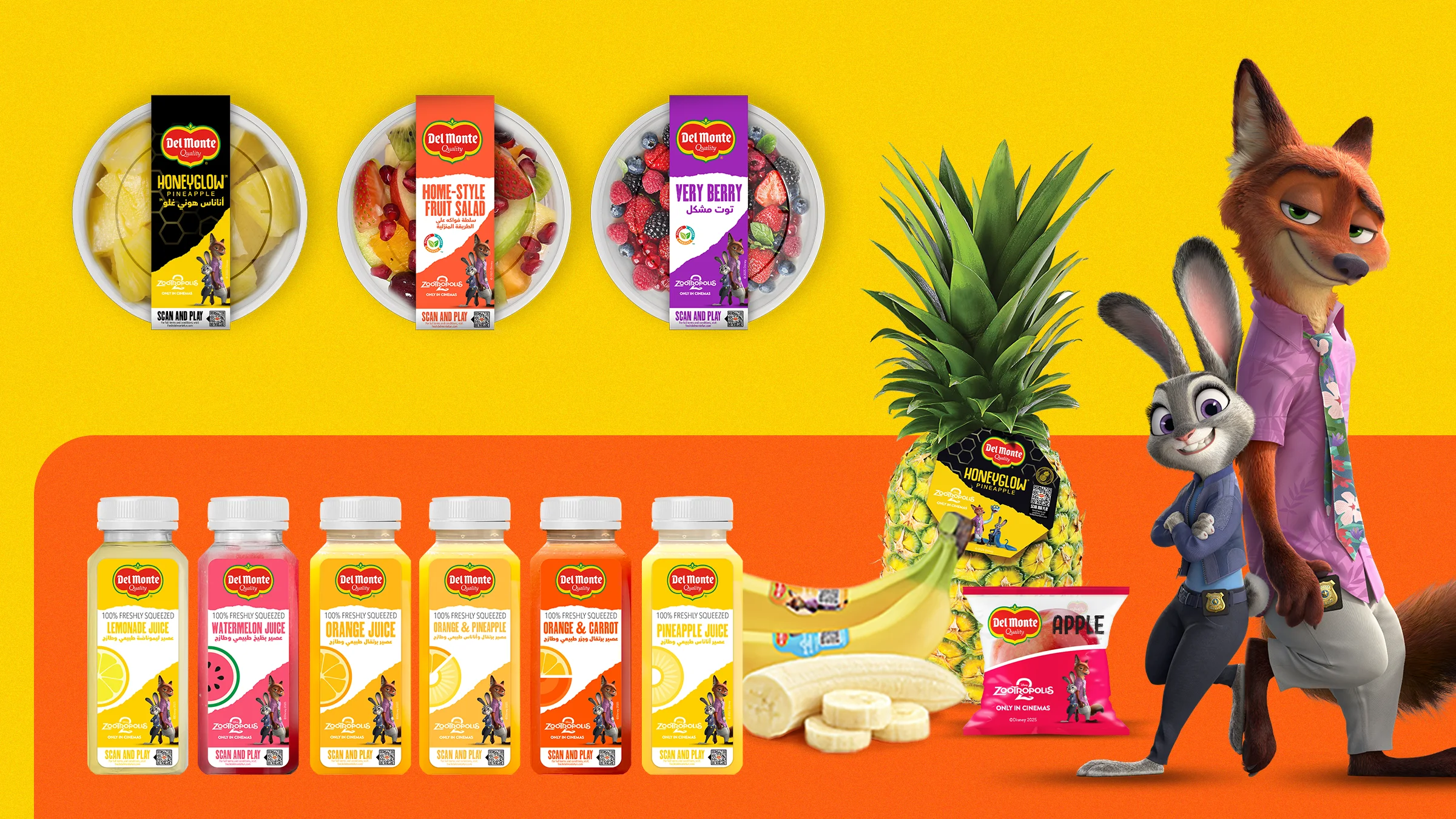 Del Monte Zootopia 2 product range spanning juices, fruit pots, bananas and fresh pineapple.