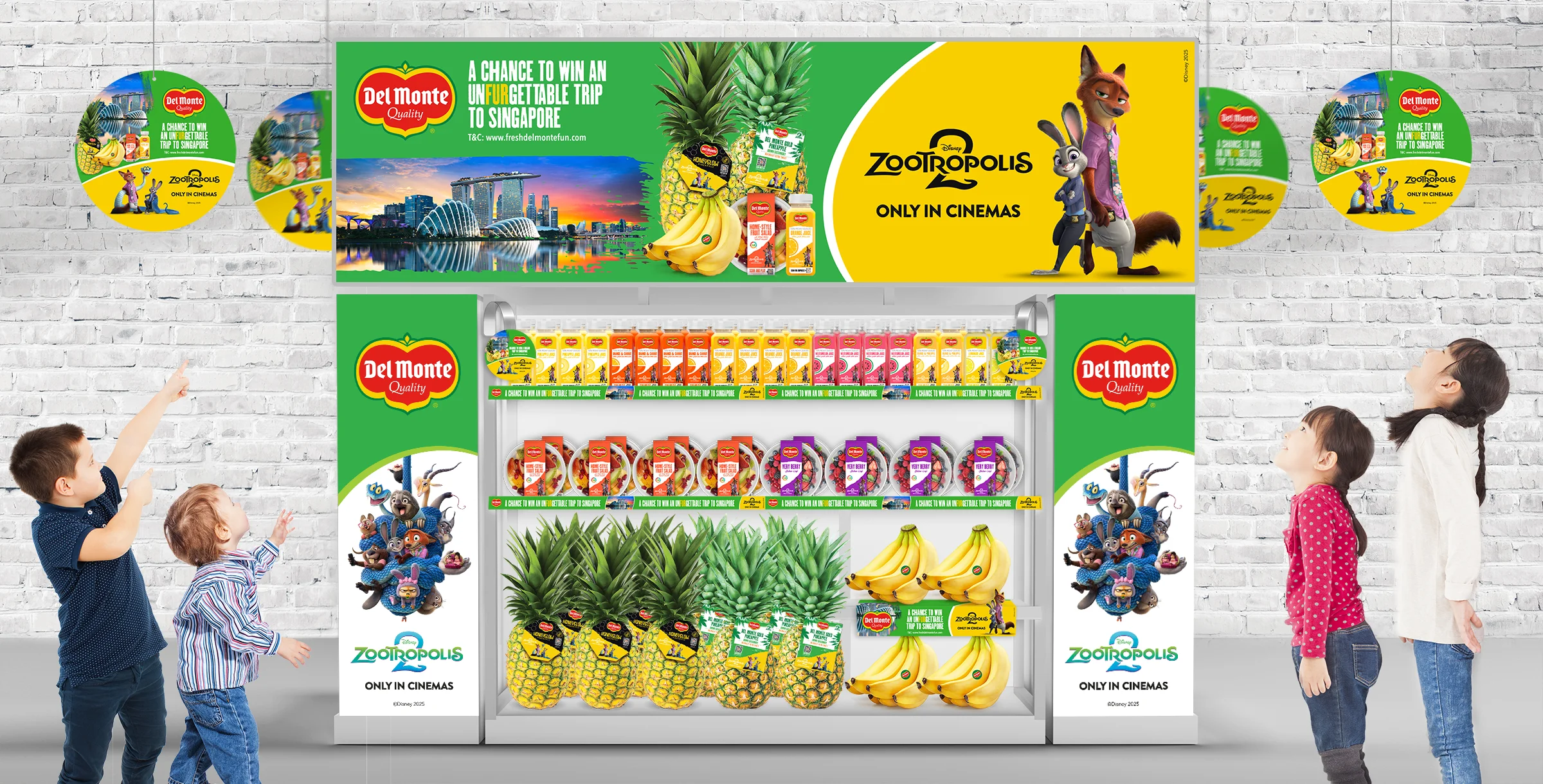 Full Del Monte Zootropolis 2 retail activation combining packaging, fresh produce, shelf branding and point-of-sale communication.