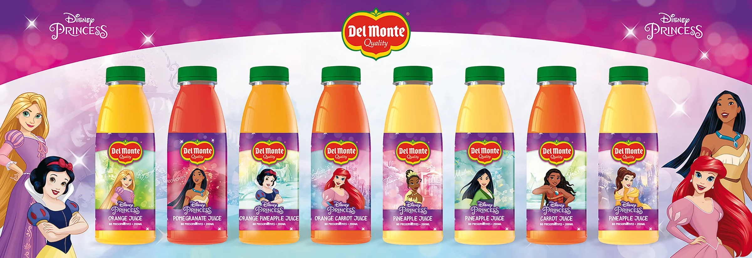 Del Monte juice packaging range featuring contrasting Disney Princess visual systems.